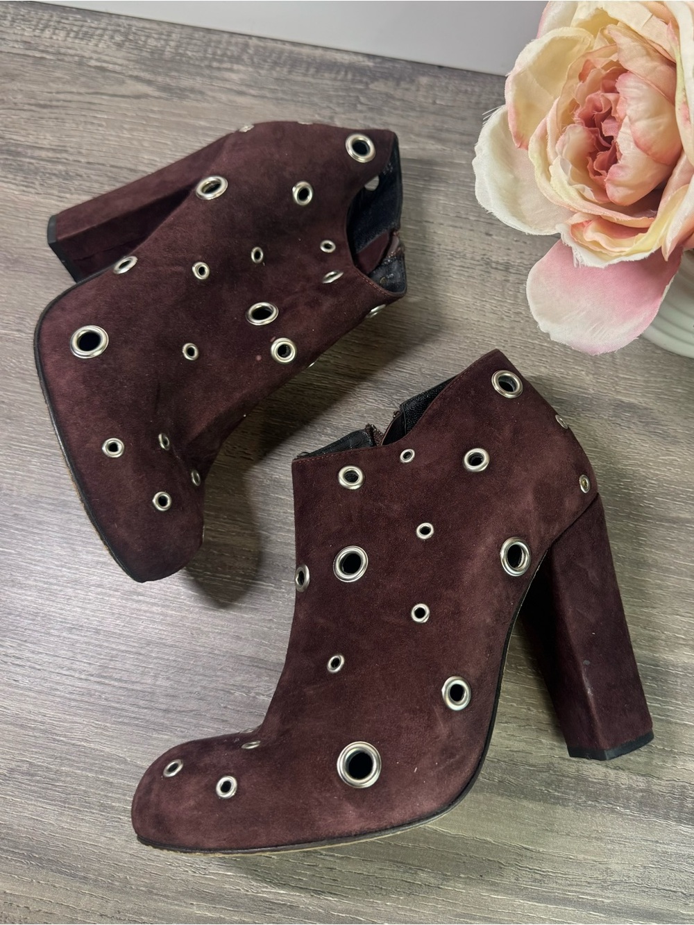 Opening Ceremony Burgundy Suede Grommet Block Heel Ankle Boots EU37/US6.5 $325